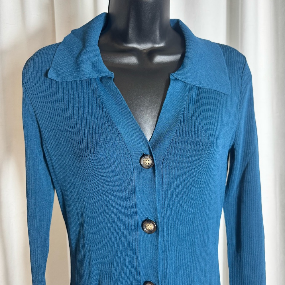 Teal Button-Up Ribbed Women Top - Picture 5 of 10
